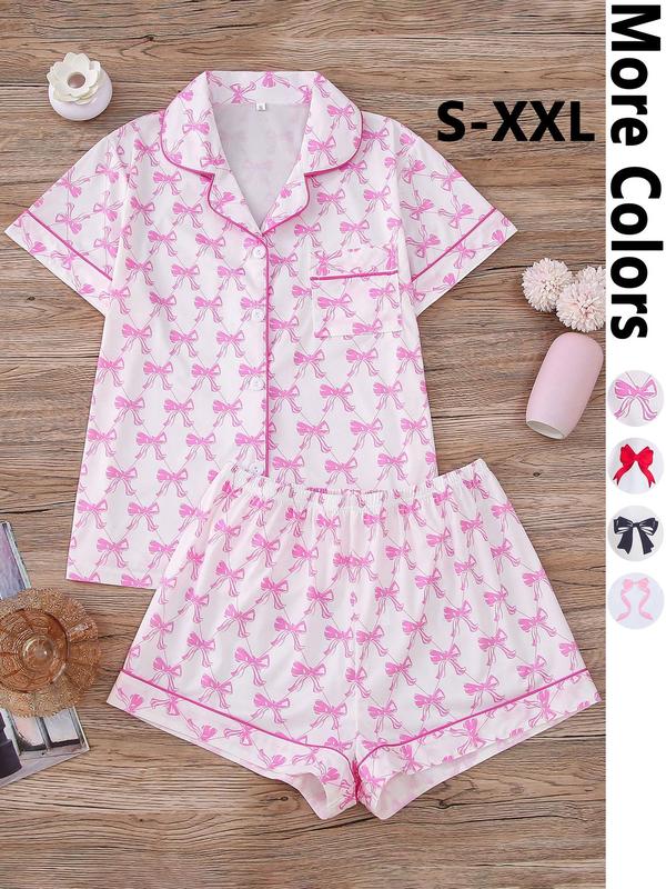 Two-Piece Set Women's Bow Print Short Sleeve Tee & Elastic Waist Shorts Pyjama, Casual Comfy Round Neck T-shirt & Shorts PJ Set, Ladies Summer Sleepwear