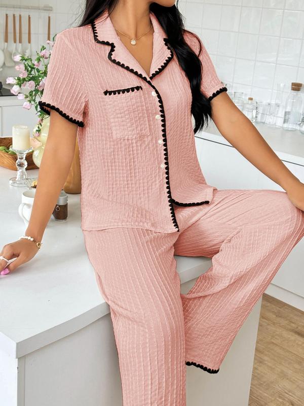 Two-Piece Set Women's Contrast Binding Lapel Neck Short Sleeve Blouse & Pants Pyjama Loungewear Set, Summer Clothes Women, Button Front Pocket Top & Wide Leg Pants Pj Set, Summer Wear 2024, Casual Comfy Sleepwear Homewear Set