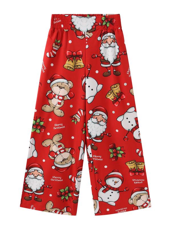 Women's Christmas Themed Cartoon Print Shirred Wide Leg Pants, Casual Comfy Elastic Waist Trousers for Daily Wear, Ladies Bottoms for All Seasons