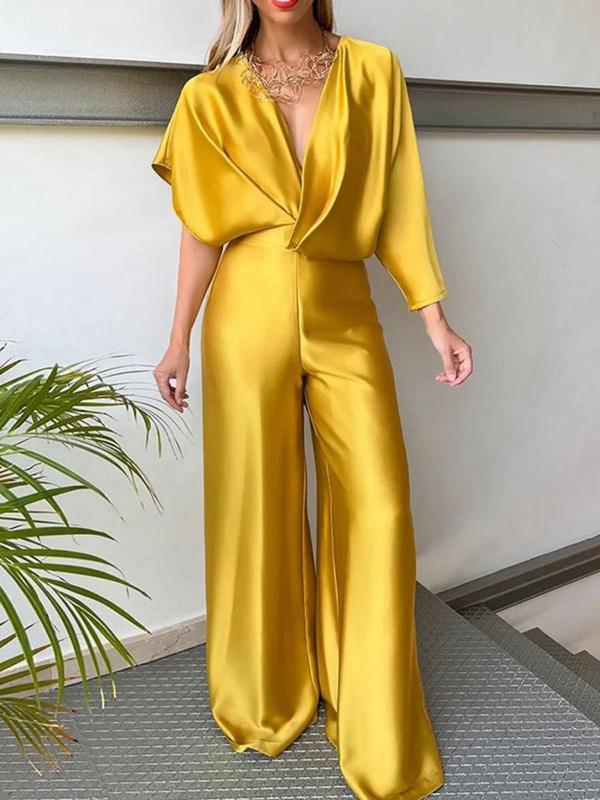 Women's Solid Asymmetrical Tie Back Wide Leg Jumpsuit, Batwing Sleeve Deep V Neck Jumpsuit for Daily Wear, Casual Ladies Clothes for All Seasons