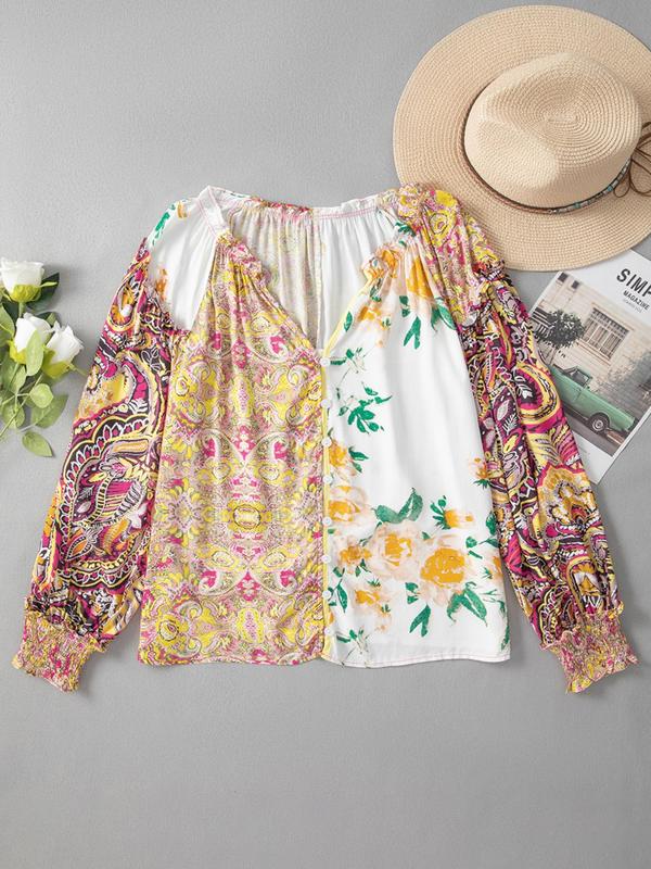 Women's Floral Print Frill Trim Shirred Notched Blouse, Boho Bishop Sleeve Button Front Top for Spring & Fall, Women's Long Sleeve Clothing for Daily Wear