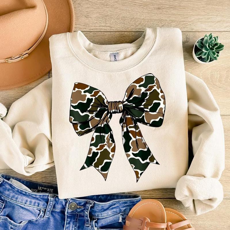 Camo Coquette Bow Sweater, Dove Season Shirt, Girls Camo Bow Shirt, Hunting Coquette Bow Sweatshirt, Camo Dude, Cotton Round Neck Tee, Unisex Shirt for Men and Women, Menswear, Womenswear Printed Tops Lady new trend