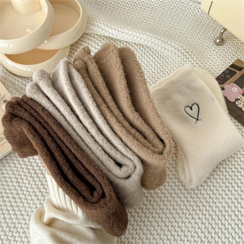 6 Pairs of Ultra Comfy Heart Embroidery Fuzzy Socks, Warm Women's Stockings & Hosiery for Cold Weather