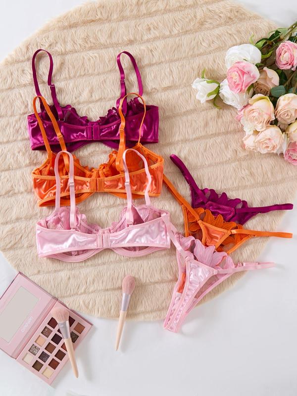 Women's Floral Embroidery Sheer Sexy Lingerie Set, Adjustable Strap Bra & Thong Set, Lingerie Set for Women