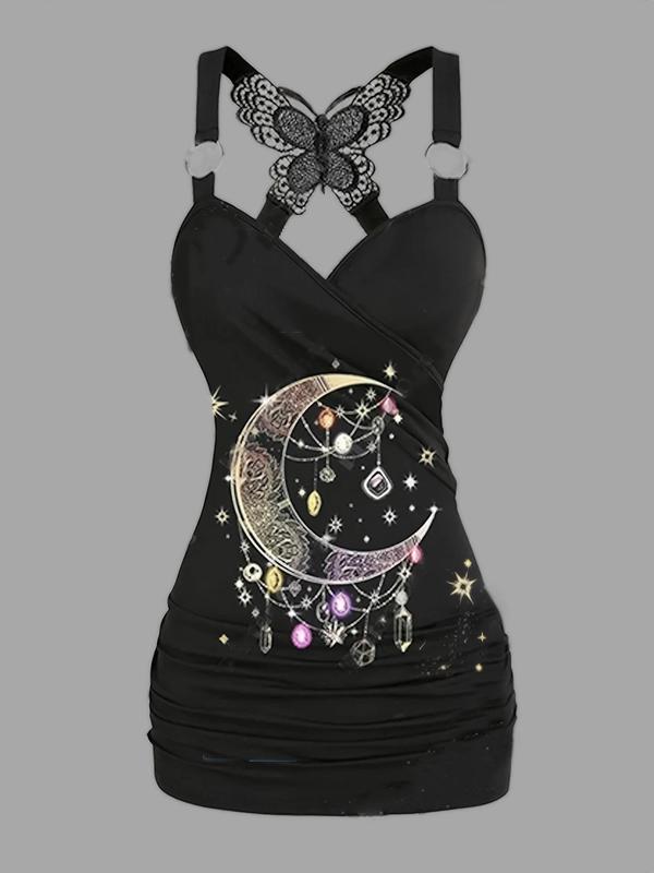  Moon Print Butterfly Design Ruched Wrap Ring Linked Tank Top, Plus Fashion Casual Criss Cross Back Sweetheart Neck Sleeveless Top for Summer, Women's Plus Clothes for Holiday Vacation