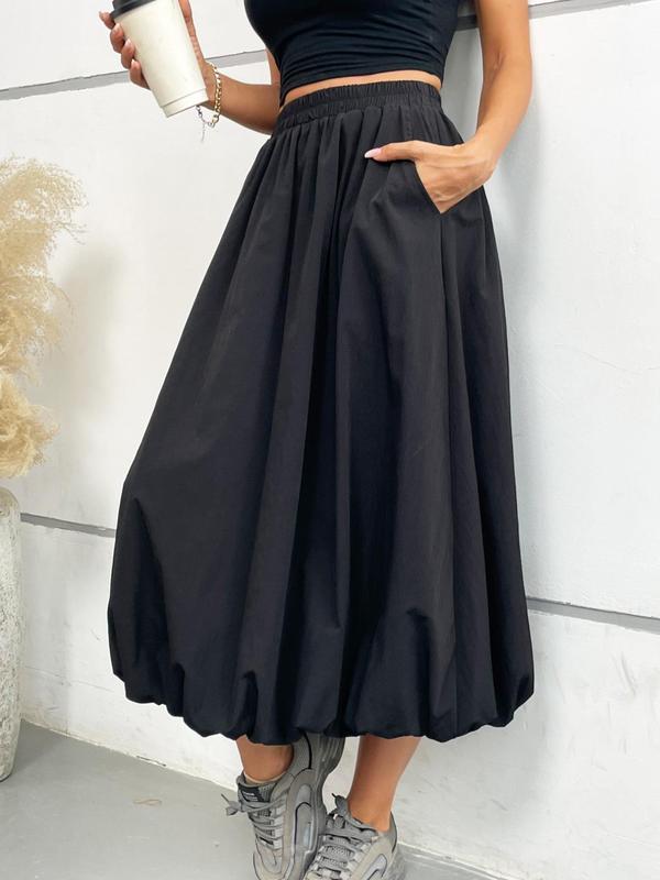 Women's Solid Pocket Elastic Waist Bubble Skirt, Casual Fashion A-Line Midi Skirt for Daily Outdoor Wear, Women's Bottoms for Fall & Winter Womenswear