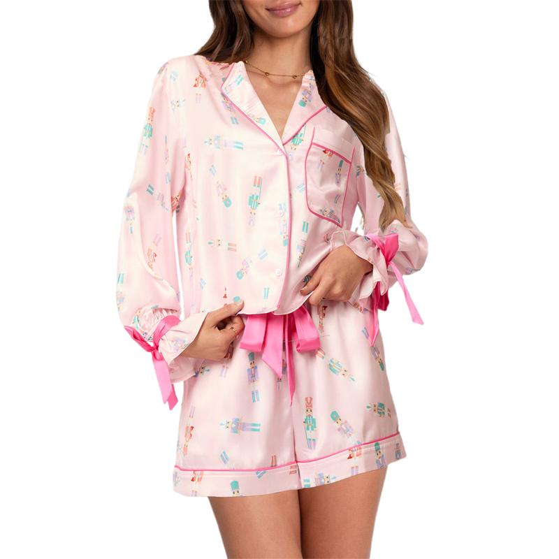 Women Two Piece Christmas Pajamas Set Bow Tie Long Sleeve Button Shirt Ruffle Shorts Colorful Print Pjs Sets Sleepwear