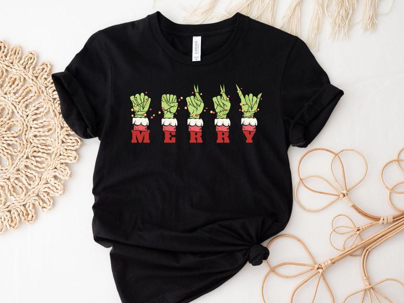 Green Hand Asl Merry Christmas Sign Language Shirt Green Face Shirt Funny Christmas Sweatshirt Family Christmas Party Tee Best Gift