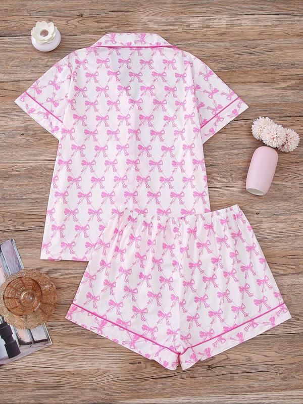 Two-Piece Set Women's Bow Print Short Sleeve Tee & Elastic Waist Shorts Pyjama, Casual Comfy Round Neck T-shirt & Shorts PJ Set, Ladies Summer Sleepwear