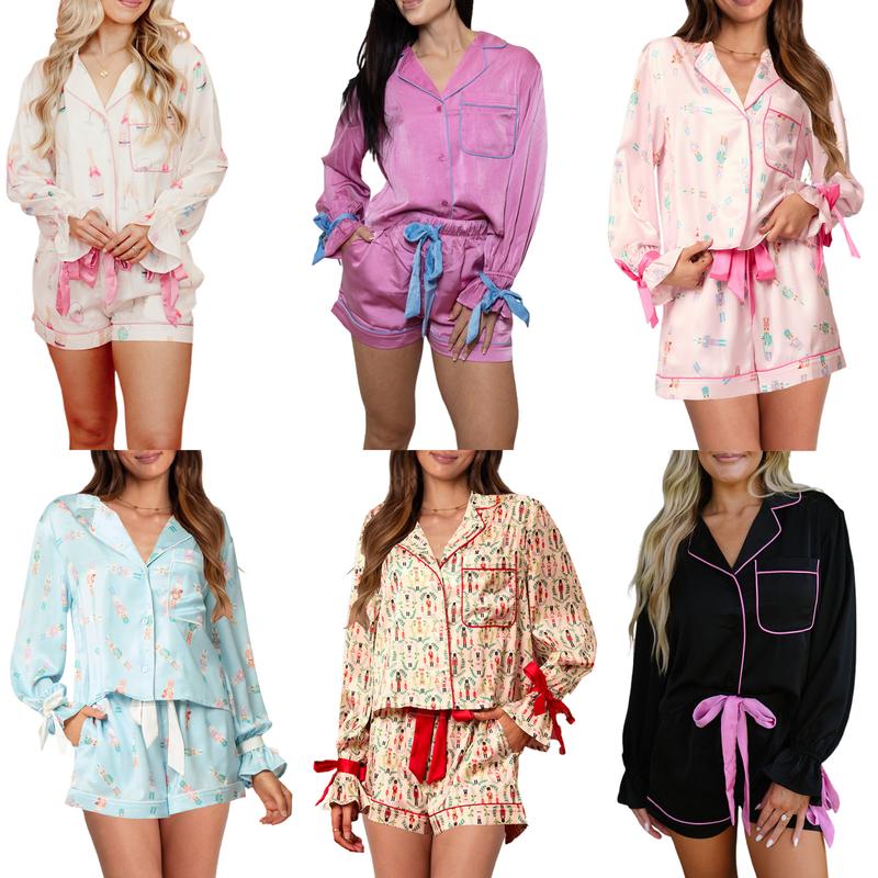 Women Two Piece Christmas Pajamas Set Bow Tie Long Sleeve Button Shirt Ruffle Shorts Colorful Print Pjs Sets Sleepwear