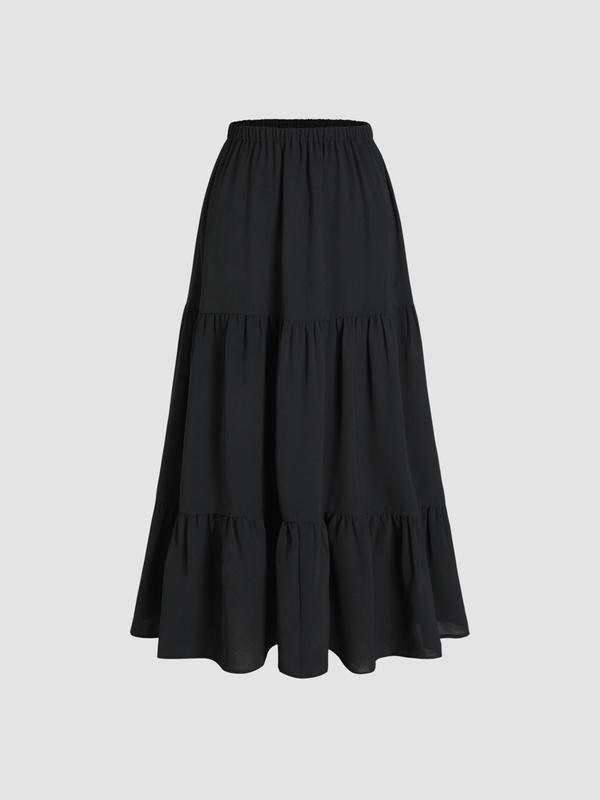 Cider [10 colors, size 0-26] Boho Elastic High Waist Pleated A-line Ruffle Lace Trim Tiered Midi Skirt with Slit, Beach Skirt, Picnic Outfit