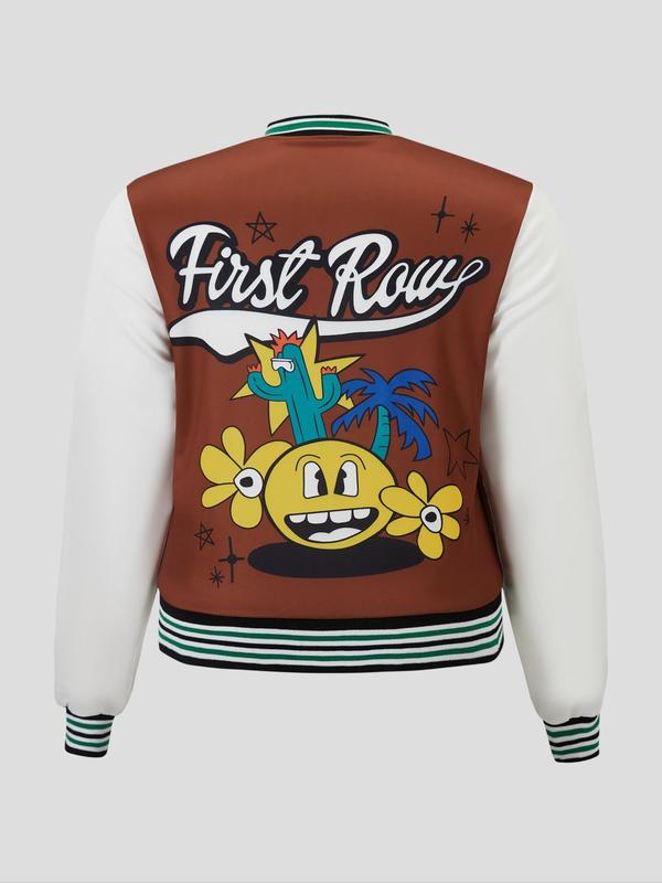  Plus Size Colorblock Letter & Cartoon Print Varsity Sports Jacket, Casual Button Front Long Sleeve Bomber Jacket, Summer Outfits 2024, Women's Clothing, Downtown Girl Clothes