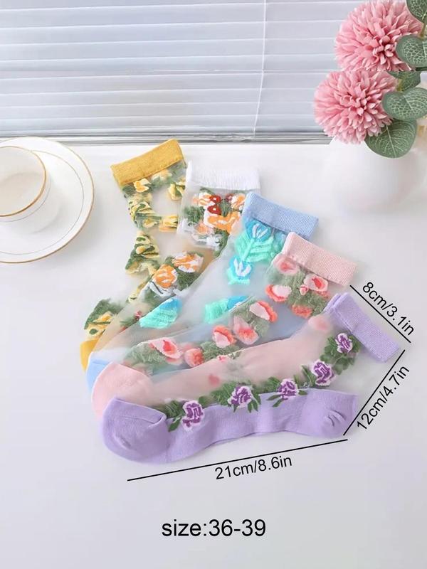 Women's Floral Embroidery Contrast Lace Ankle Socks, Casual Comfy Breathable Socks for Daily Wear, Ladies Socks for All Seasons