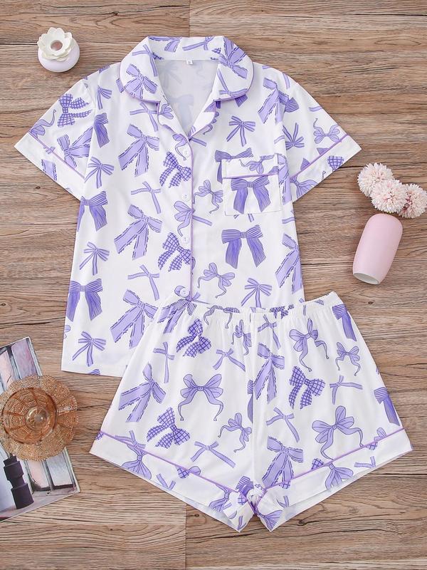 Two-Piece Set Women's All Over Bow Print Pocket Button Front Shirt & Bow Decor Shorts Pyjama, Casual Comfy Short Sleeve Lapel Top & Elastic Waist Shorts PJ Set, Ladies Summer Sleepwear, 2000s Wear 2000S Wear