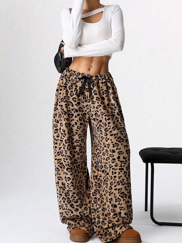 Women's Leopard Print Bow Front Wide Leg Pants, Casual Comfy Trousers for Daily Wear, Ladies Bottoms for Fall & Winter