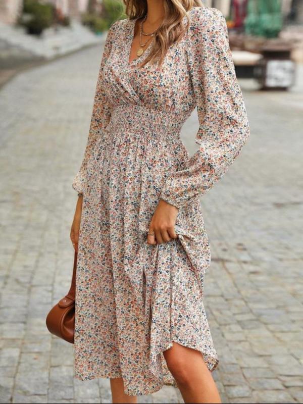 Women's Ditsy Floral Print Shirred A-line Dress, Elegant Bishop Sleeve V Neck Midi Dress for Spring & Fall, Women's Clothing for Daily Wear