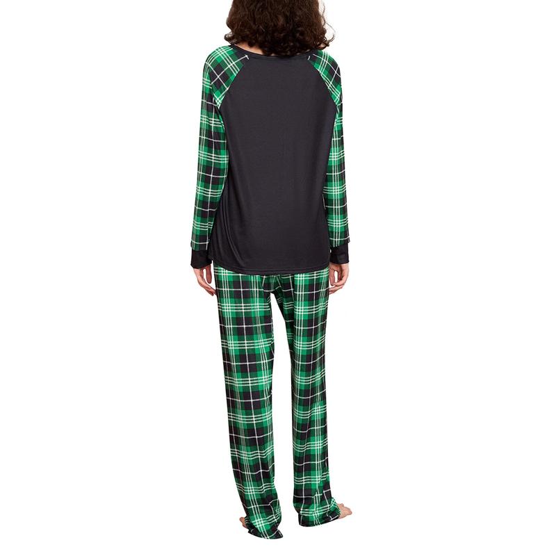 Green Family Matching Christmas Pajamas, Letter Print Long Sleeve Tops and Plaid Pants Sleepwear Set