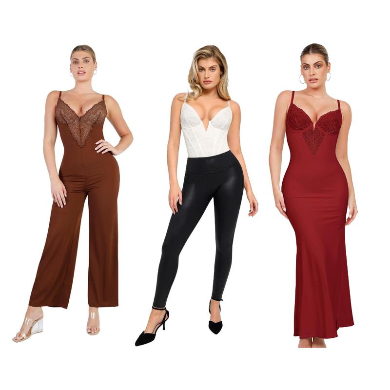 Popilush Built-In Shapewear Lace Dress & Lace Wide-Leg Jumpsuit & Lace Corset Style Deep-V Neck Shapewear Bodysuit Official Live