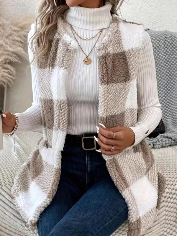 Women's Plaid Print Pocket Design Fuzzy Vest Coat, Casual Sleeveless Waistcoat Outerwear for Fall & Winter, Women's Fall Clothes  for Daily Wear