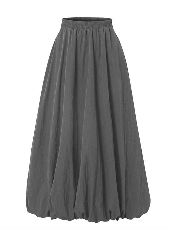 Women's Solid Pocket Elastic Waist Bubble Skirt, Casual Fashion A-Line Midi Skirt for Daily Outdoor Wear, Women's Bottoms for Fall & Winter Womenswear