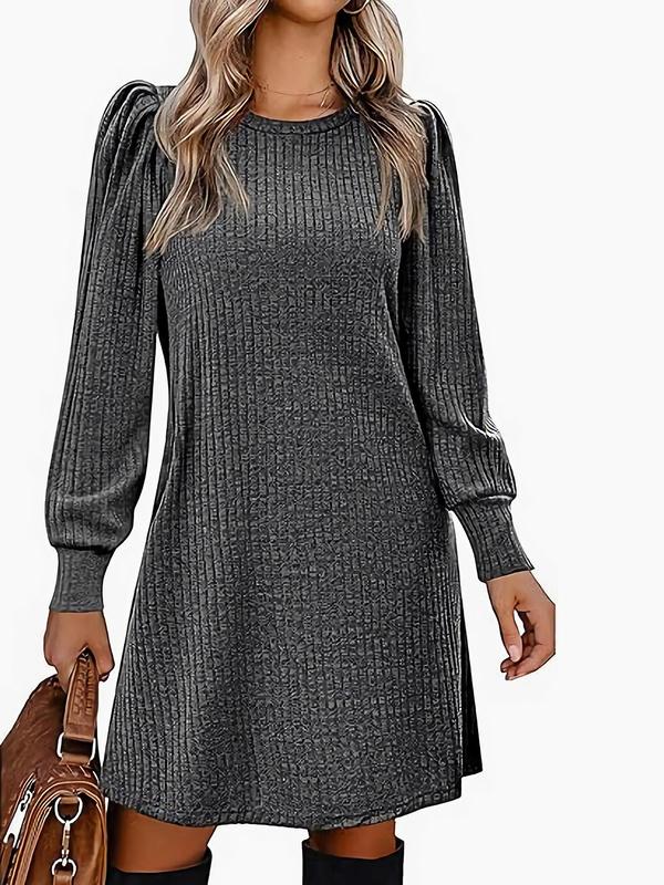 Women's Plain Pocket Round Neck A Line Dress, Casual Long Sleeve Crew Neck Short Dress for Fall & Winter, Women's Clothing for Daily Wear