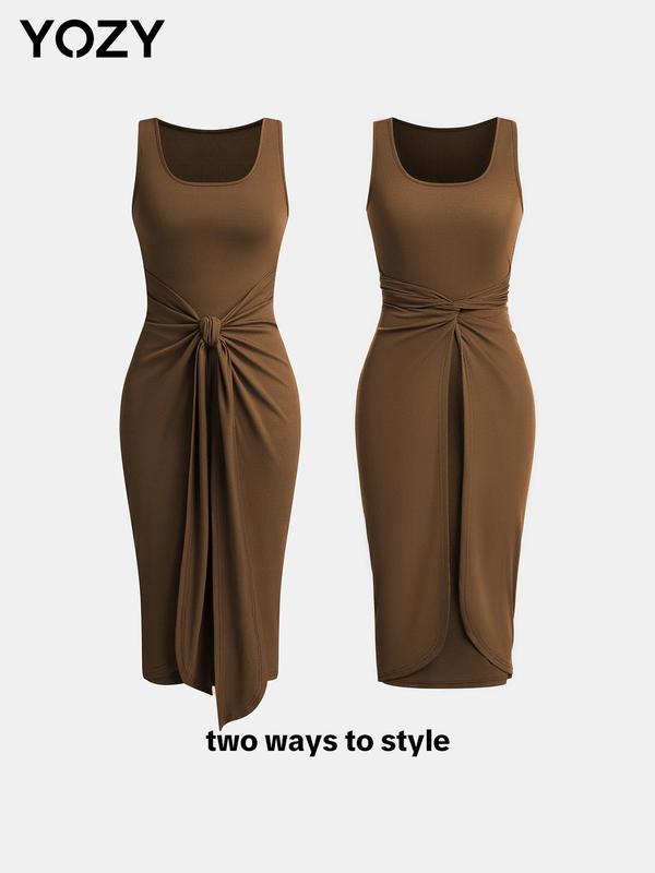 YOZY Christmas Deals, [6 colors, size 0 2-14] Wrap Ruched Tank Dress, Elegant Square Neck Twist Tie Back Dress, 2024 Back To School for Spring & Summer, [XS-XXL], Christmas 2024 Trend, Fall & Winter Clothes