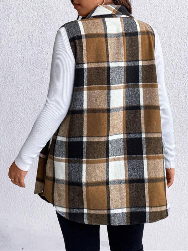  Plaid Print Button Front Curved Hem Vest Coat, Casual Sleeveless Collared Outerwear for Fall & Winter, Women's Clothes for Daily Wear, Fall Clothes