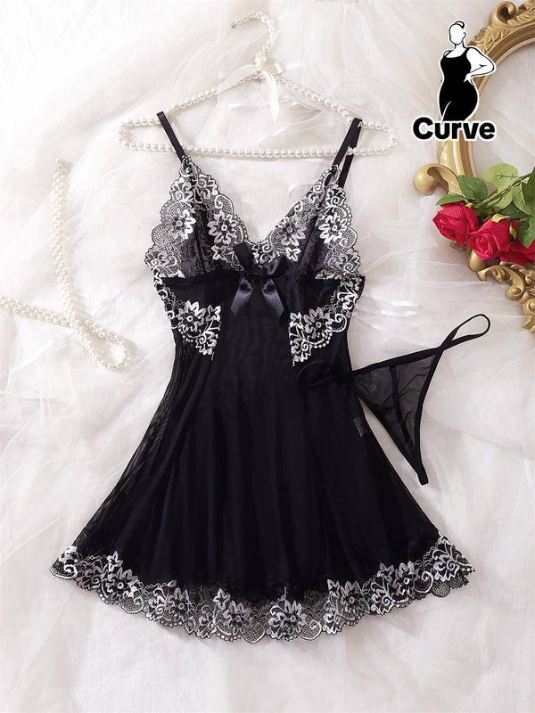 Plus Size Contrast Floral Lace Bow Decor Cami Nightdress & Sheer Thong Sexy Lingerie Two-piece Set, Adjustable Strap Nighty Dress & Panty Set, Women's Sleepwear Set for All Seasons