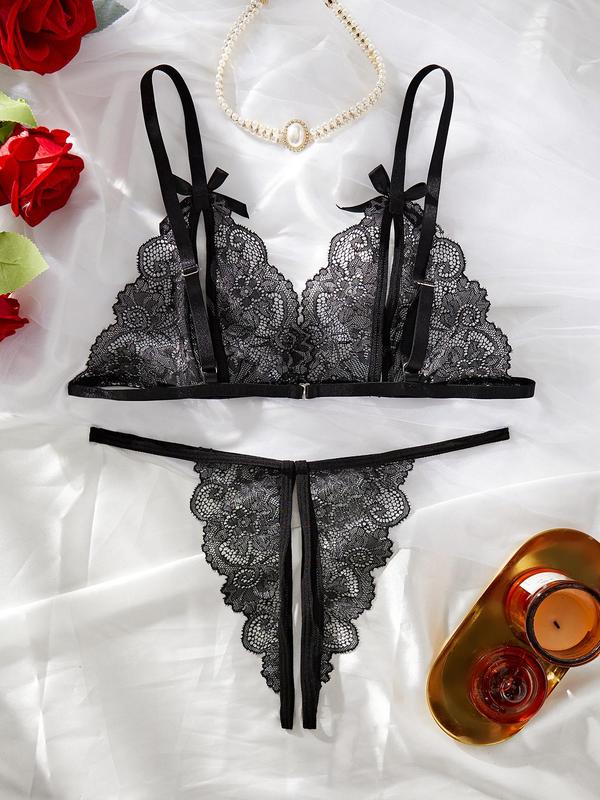 Women's 2pcs Bow Decor Sheer Floral Lace Lingerie Set, Elegant Adjustable Strap Bra & Crotchless Thong Underwear Set, Underwear for Women, Soft Comfy Breathable Sexy Lingerie Set for All Seasons, Black Girl Wear