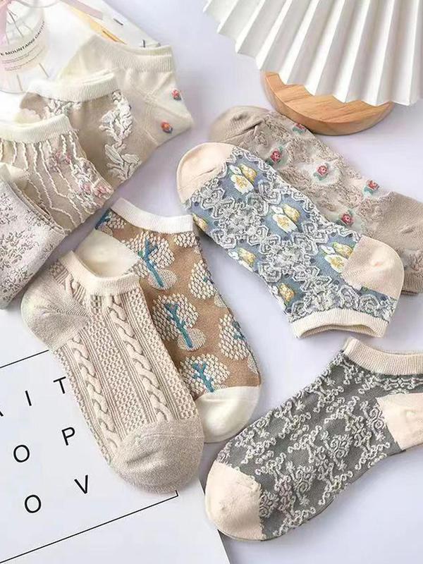 Women's 9 Pairs Floral Print Ankle Socks, Casual Comfort Breathable Knit Socks for Lady, Low Cut Thin Fabric Socks for Girls, Womenswear, Women's Socks & Hosiery