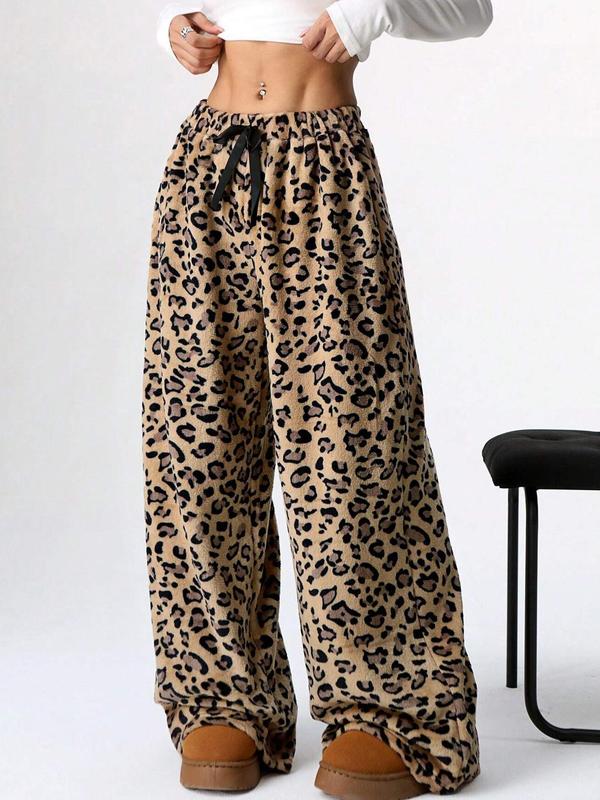 Women's Leopard Print Bow Front Wide Leg Pants, Casual Comfy Trousers for Daily Wear, Ladies Bottoms for Fall & Winter