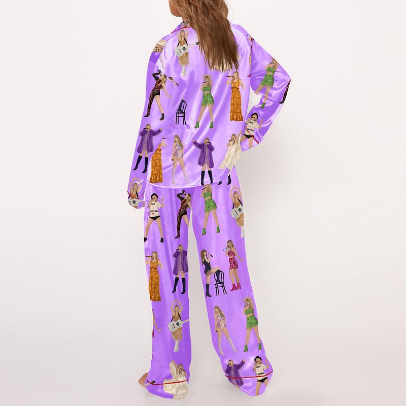 The Eras Tour Film Pajama Set For Women Print Comfy Satin Sleepwear & Loungewear Pjs Printing Silky Top & Bottoms - SHESHOW