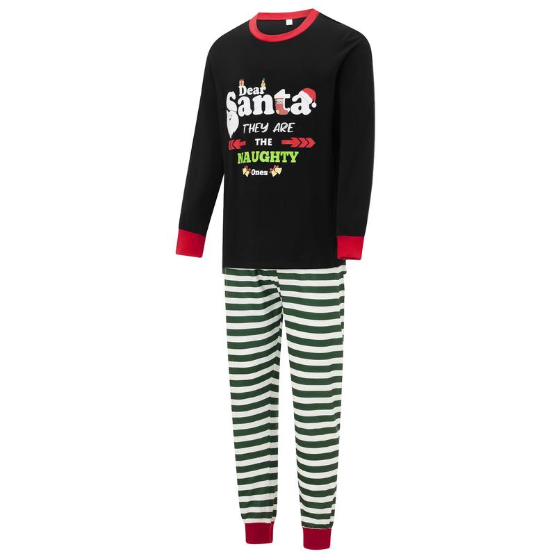 Matching Christmas Pajamas For Family, Long Sleeve Letters Print T-shirt with Striped Pants Sleepwear Loungewear