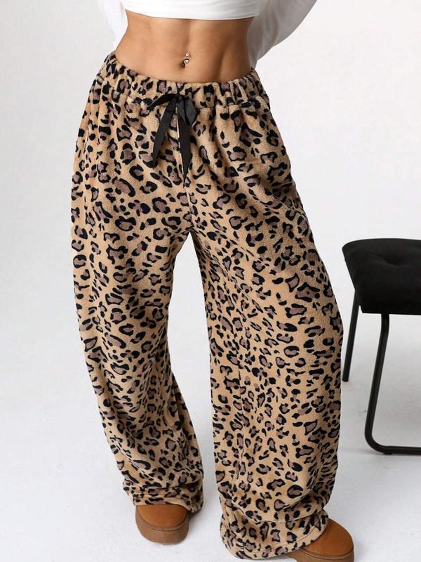 Women's Leopard Print Bow Front Wide Leg Pants, Casual Comfy Trousers for Daily Wear, Ladies Bottoms for Fall & Winter