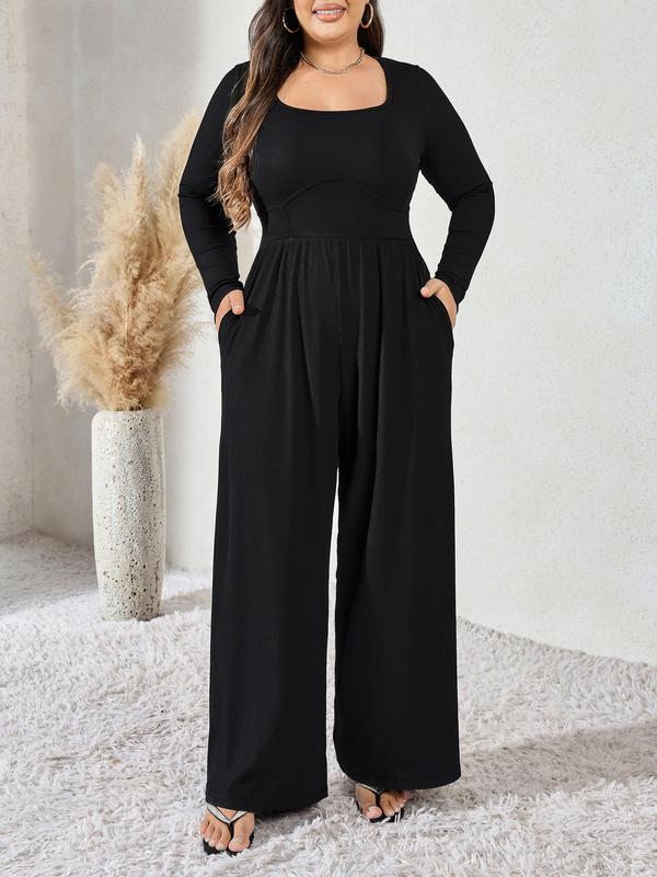 CURVZY Christmas Deals, Plus Size Solid Pocket Wide Leg Jumpsuit, Casual Long Sleeve Scoop Neck Jumpsuit for Daily Wear, Women's Clothing for All Seasons, Christmas 2024 Trend, Fall & Winter Clothes