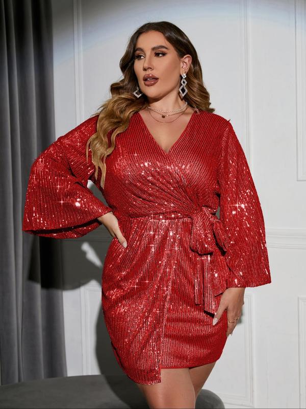 Plus Size Glitter Knot Tie Front Wrap V Neck Flounce Sleeve Sequins Dress, Plus Elegant Sparkly Plain Three-Quarter Sleeve Bodycon Dress for Party Banquet, Women's Dress for Spring & Fall