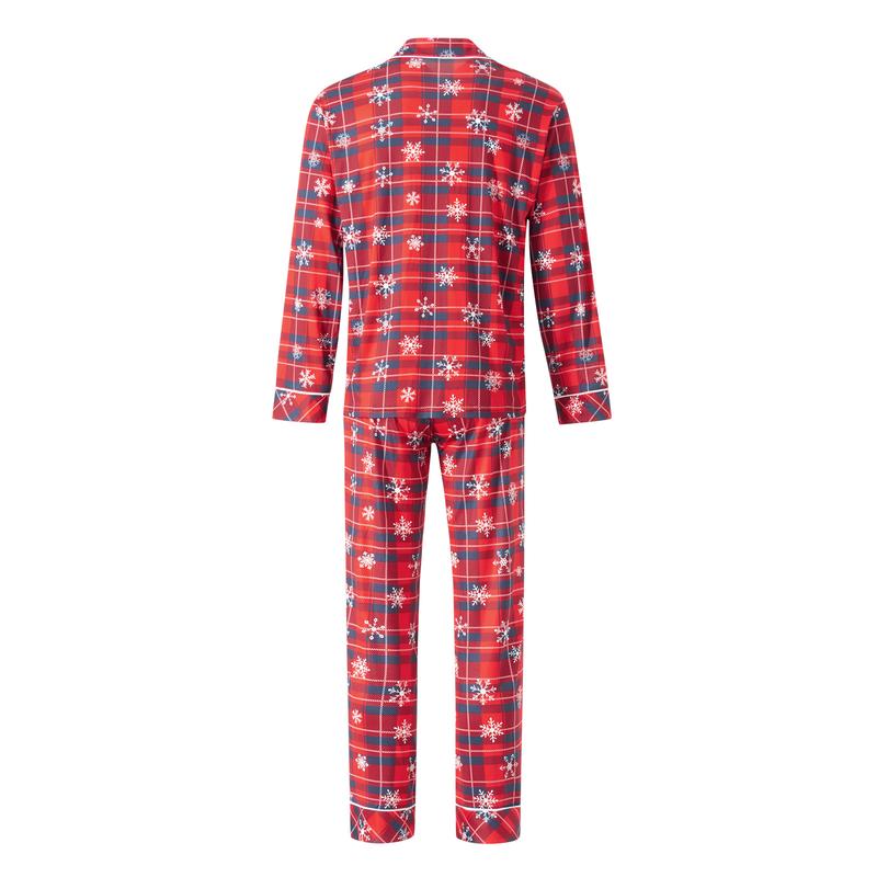 Red Matching Christmas Pajamas For Family Snowflake Plaid Print Long Sleeve Button Tops and Casual Pants Sleepwear