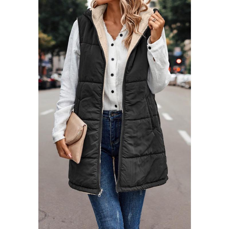 Women's 2024 Fall Reversible Vest Sleeveless Wool Jacket Zipper Hoodie Pocket Long Warm Winter Coat long  puffy vest  for women