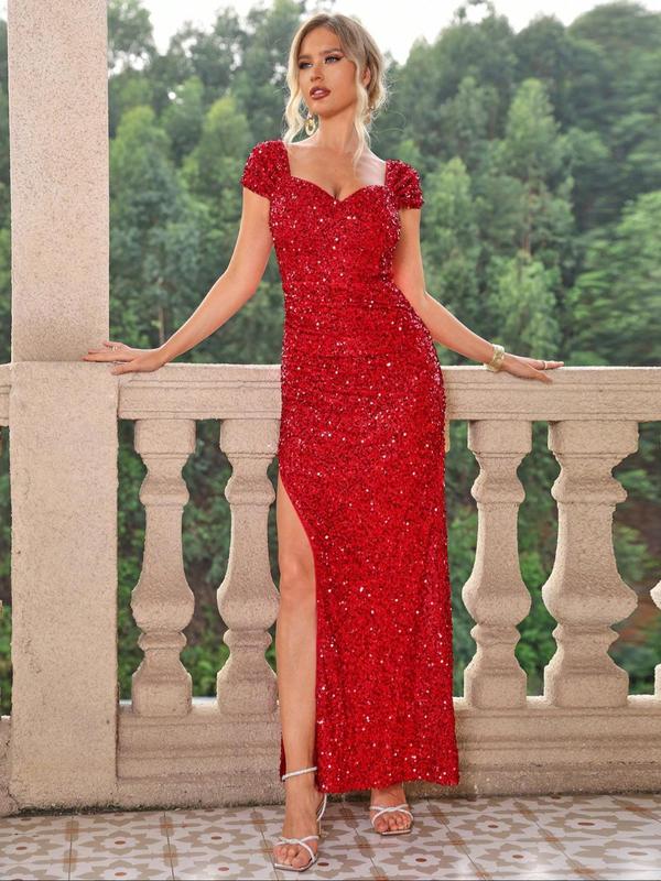 Women's Split Thigh Glitter Sequin Sweetheart Neck Bodycon Dress, Elegant Cap Sleeve Evening Party Gown For Banquet Performance, Summer Clothes Women Christmas