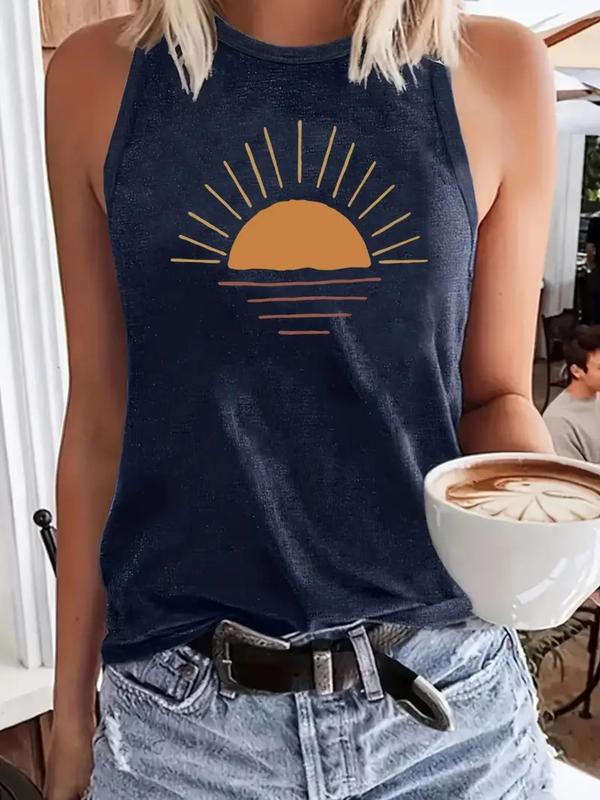 Women's Cartoon Sun Print Round Neck Tank Top, Casual Sleeveless Top, Summer Tops, Ladies Summer Clothes for Daily Wear