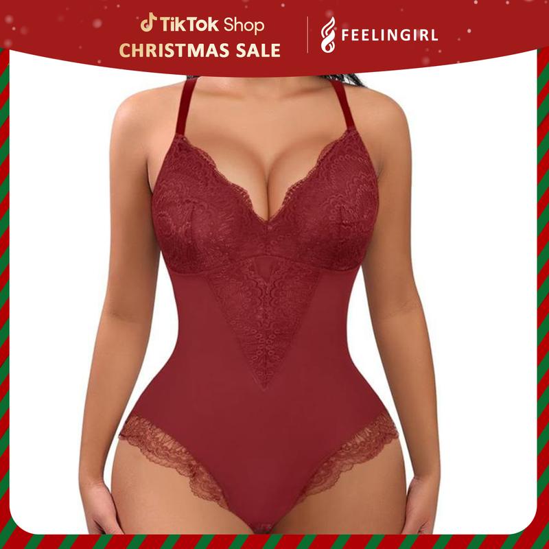 FeelinGirl Valentine's Day Sexy Low-back Ultra-versatile Lace Bodysuit tts Short Womenswear Comfort Tops Nylon