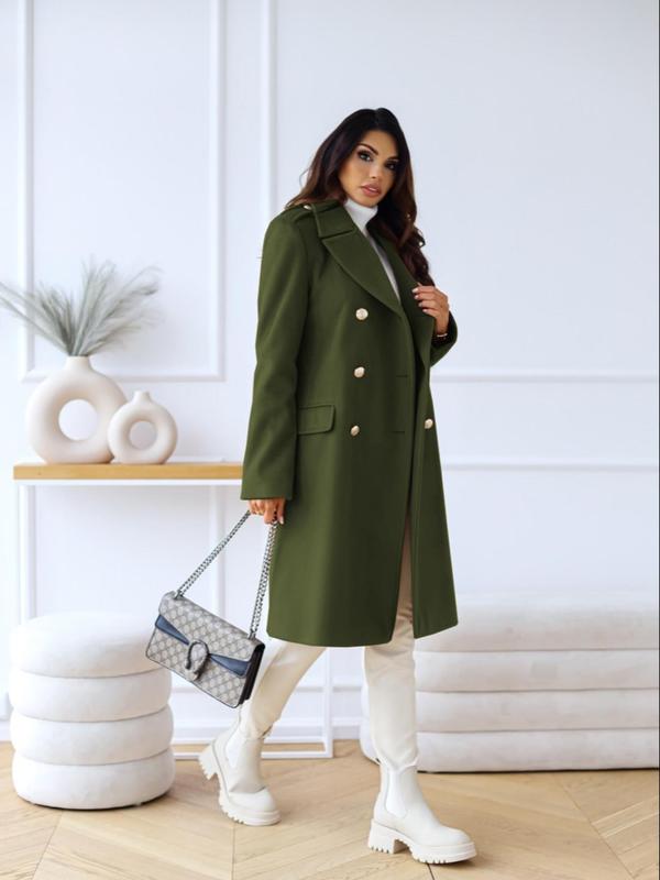 Women's Solid Double Button Pocket Overcoat, Casual Long Sleeve Lapel Neckline Coat for Fall & Winter, Lady Comfort Clothing for Daily Womenwear