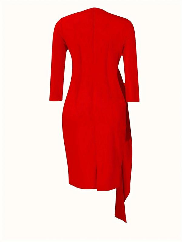 Women's Plain Knot Front Asymmetrical Neck Bodycon Dress, Elegant 3 4 Sleeve Knee Length Dress for Party Holiday Wedding Guest, Ladies Spring & Fall Clothes