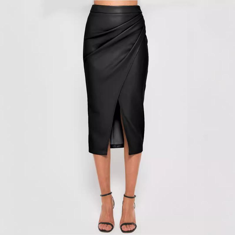 Women's Pu Split Skirt Autumn and Winter High Waist Zipper Heap Pleated Leather Skirt European and American Sexy Hip Skirt