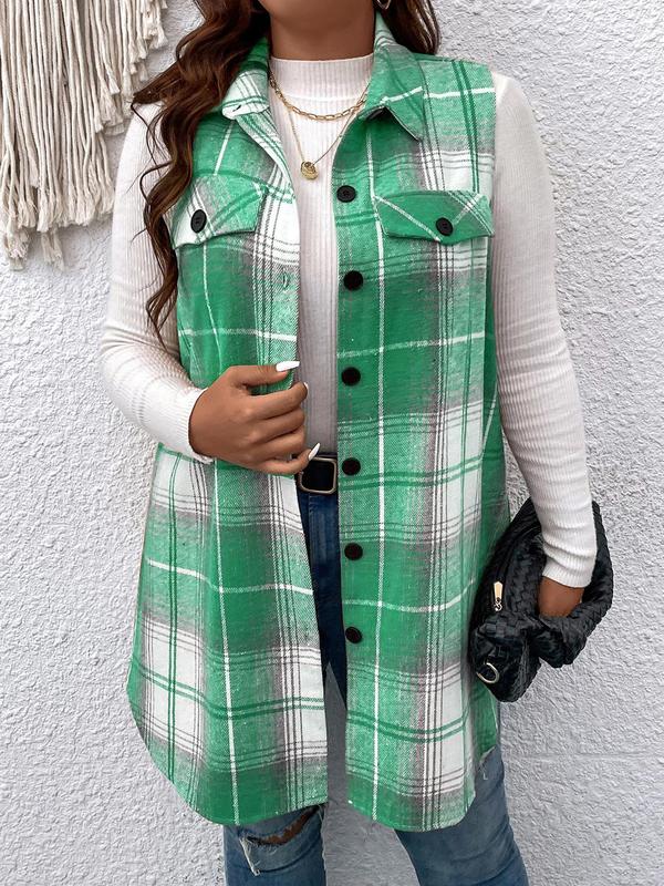  Plaid Print Button Front Pocket Vest Coat, Casual Sleeveless Collared Outerwear for Daily Wear, Winter Clothes Women, Women's Clothing for All Seasons