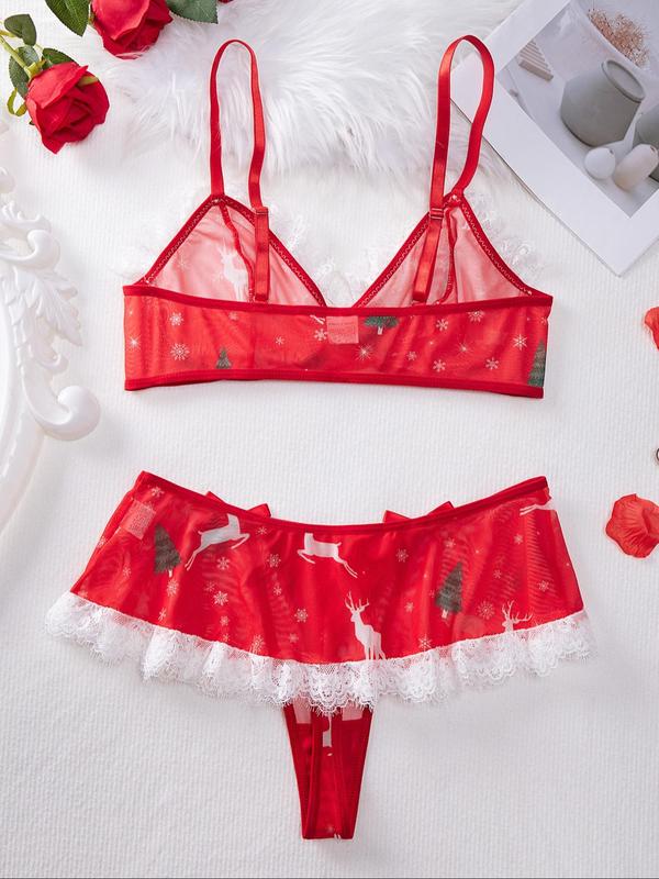 Women's Christmas Themed Pattern Contrast Mesh Sheer Bra & Bow Decor Thong Floral Lace Two-piece Set, Adjustable Strap Lingerie Set, Women's Lingerie & Underwear