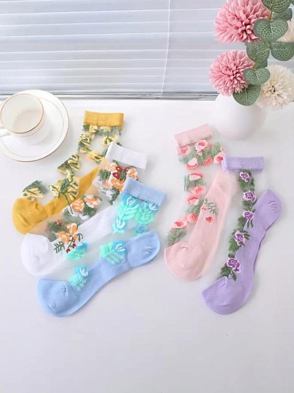 Women's Floral Embroidery Contrast Lace Ankle Socks, Casual Comfy Breathable Socks for Daily Wear, Ladies Socks for All Seasons