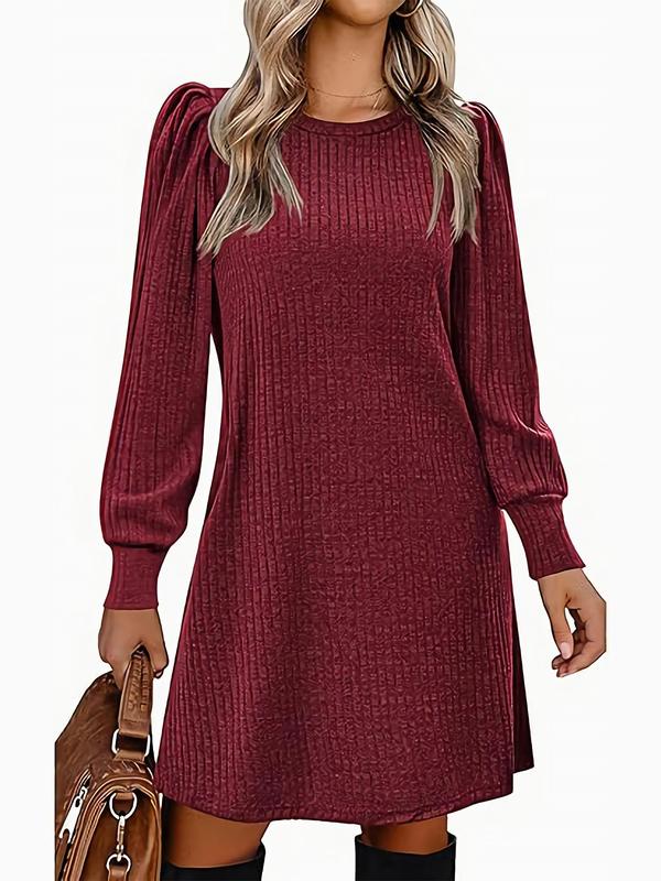 Women's Plain Pocket Round Neck A Line Dress, Casual Long Sleeve Crew Neck Short Dress for Fall & Winter, Women's Clothing for Daily Wear