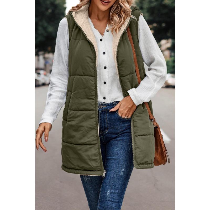 Women's 2024 Fall Reversible Vest Sleeveless Wool Jacket Zipper Hoodie Pocket Long Warm Winter Coat long  puffy vest  for women