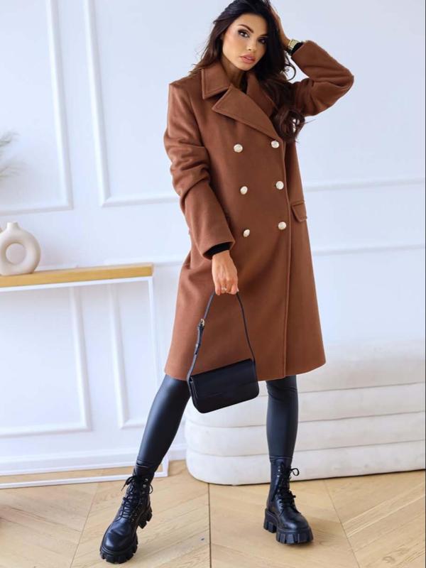 Women's Solid Double Button Pocket Overcoat, Casual Long Sleeve Lapel Neckline Coat for Fall & Winter, Lady Comfort Clothing for Daily Womenwear